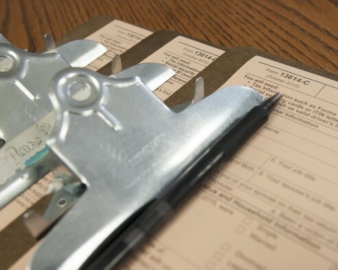Form 13614-C is the initial form the 90th Missile Wing Tax Center asks individuals to fill out before starting the tax assistance portion. The center mainly files basic tax returns for active-duty military, retirees and dependents.  (U.S. Air Force photo by Airman 1st Class Malcolm Mayfield)