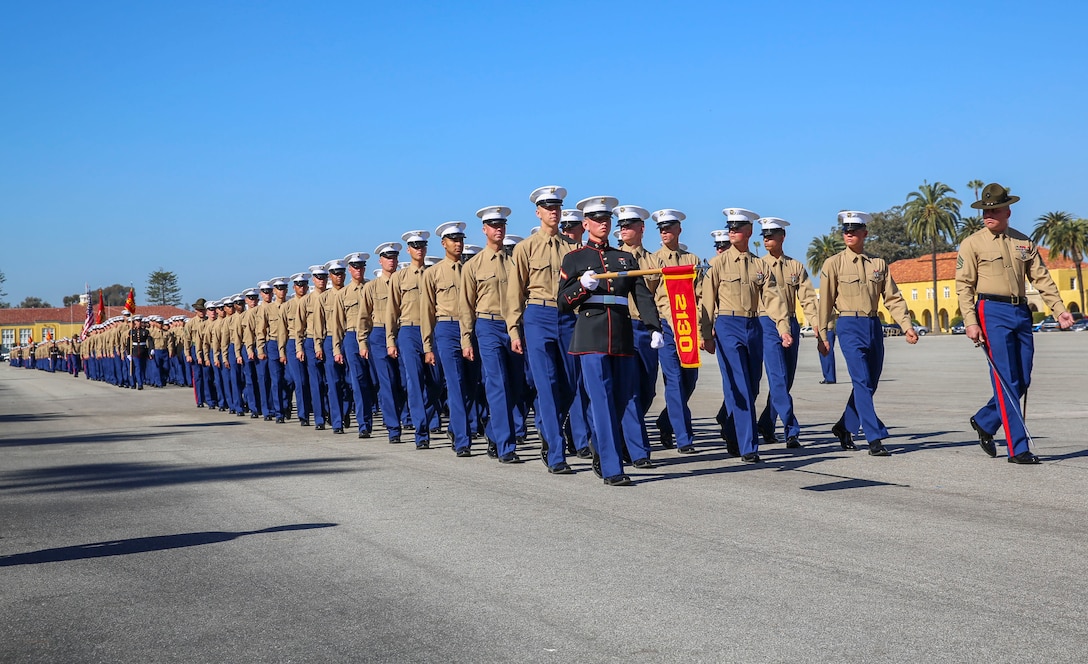 Marines from Fox Company, 2nd Recruit Training Battalion, march across the parade deck during a graduation ceremony at Marine Corps Recruit Depot San Diego, Jan. 29, 2016. Graduation takes place at the completion of a 13-week transformation including training in drill, marksmanship, basic combat skills and Marine Corps customs and traditions. Annually, more than 17,000 males recruited from the Western Recruiting Region are trained at MCRD San Diego.