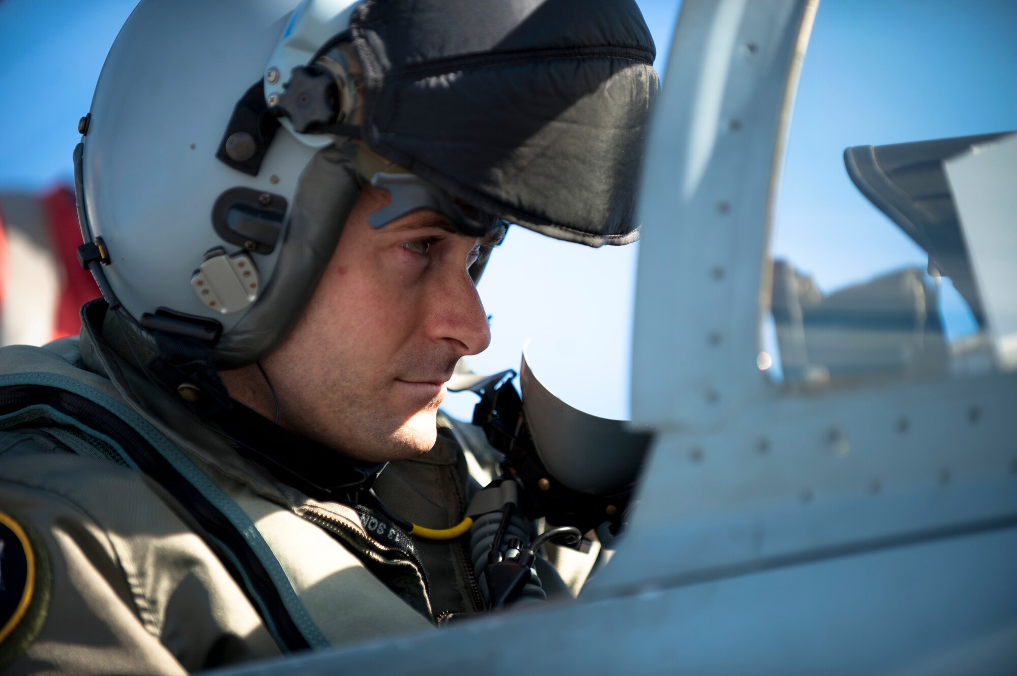 A Royal Australian Air Force F/A-18F pilot conducts pre-flight avionics checks prior to a Red Flag 16-1 training sortie January 27, 2016 at Nellis Air Force Base, Nev. The integration of coalition partners from around the world is an important factor in a Red Flag exercise, as it offers a realistic battlespace in which U.S. and allied warfighters work together towards a set of common objectives. (U.S. Air Force photo by Senior Airman Joshua Kleinholz)