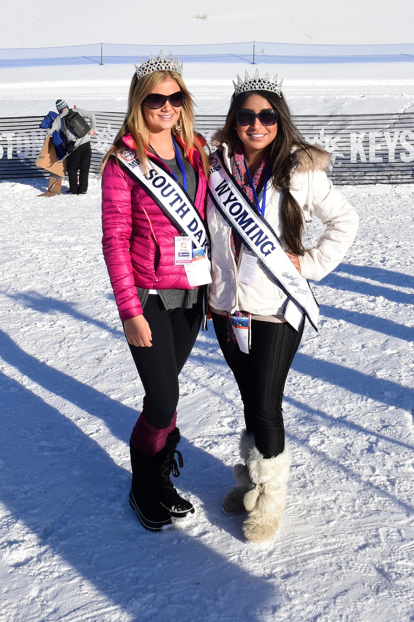 Rachel Lynn Prouhet, Miss South Dakota United States 2015, and Haylee Sauerwine, Miss Wyoming United States 2015, pose for a photo during Snofest Jan. 23, 2016, at Keystone Resort, Colo. Snofest is a military appreciation event at Keystone Resort for the Front Range Military Bases, which includes skiing, snowboarding and many discounts for military members. (U.S. Air Force photo by Airman 1st Class Gabrielle Spradling/Released)