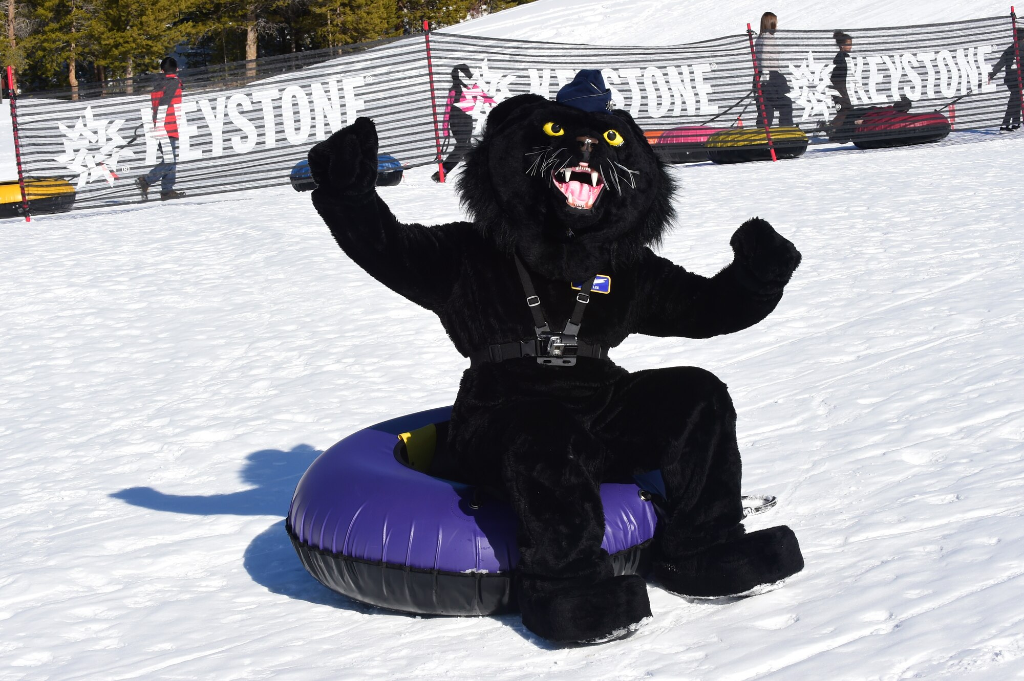 Buck Lee, 460th Space Wing mascot, poses for a photo during Snofest Jan. 23, 2016, at Keystone Resort, Colo. Snofest is a military appreciation event at Keystone Resort for the Front Range Military Bases, which includes skiing, snowboarding and many discounts for military members. (U.S. Air Force photo by Airman 1st Class Gabrielle Spradling/Released)