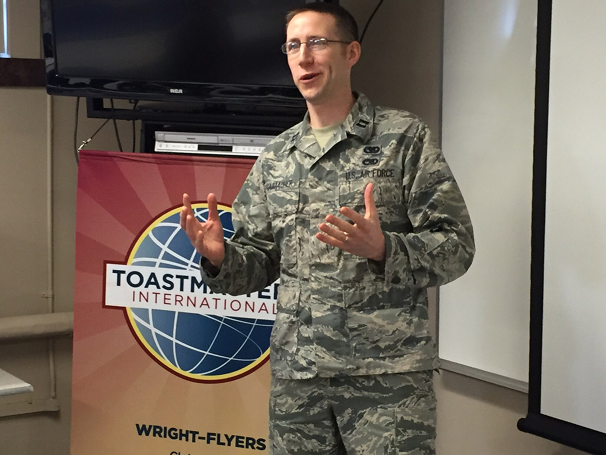 Capt. Michael Schumacher, course director in the School of Systems and Logistics, Air Force Institute of Technology, became a Toastmasters club member two months ago. He said his speech skills already have improved. (Skywrighter photo/Amy Rollins)