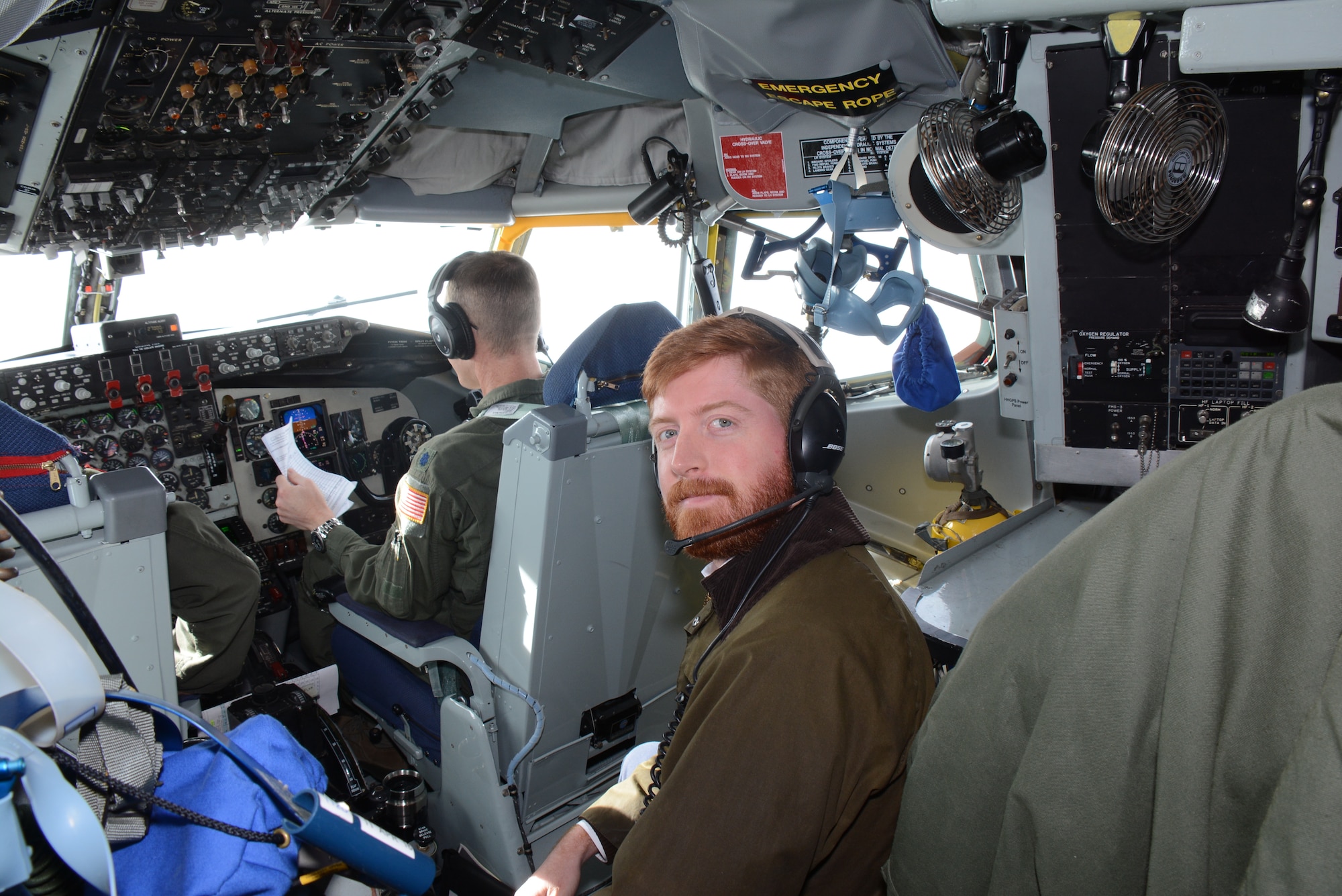 Benjamin Cantrell, a Legislative Assistant with Arkansas Rep. Steve Womack’s office poses for a photo while observing an Air Force Reserve KC-135R Stratotanker crew conduct flight operations over Texas Jan. 19, 2016.  Eleven congressional staff members toured Air Force Reserve Command facilities at Tinker Air Force Base then flew on a training mission to increase their understanding of the capabilities of the Air Force.  (U.S. Air Force/Maj. Jon Quinlan)
