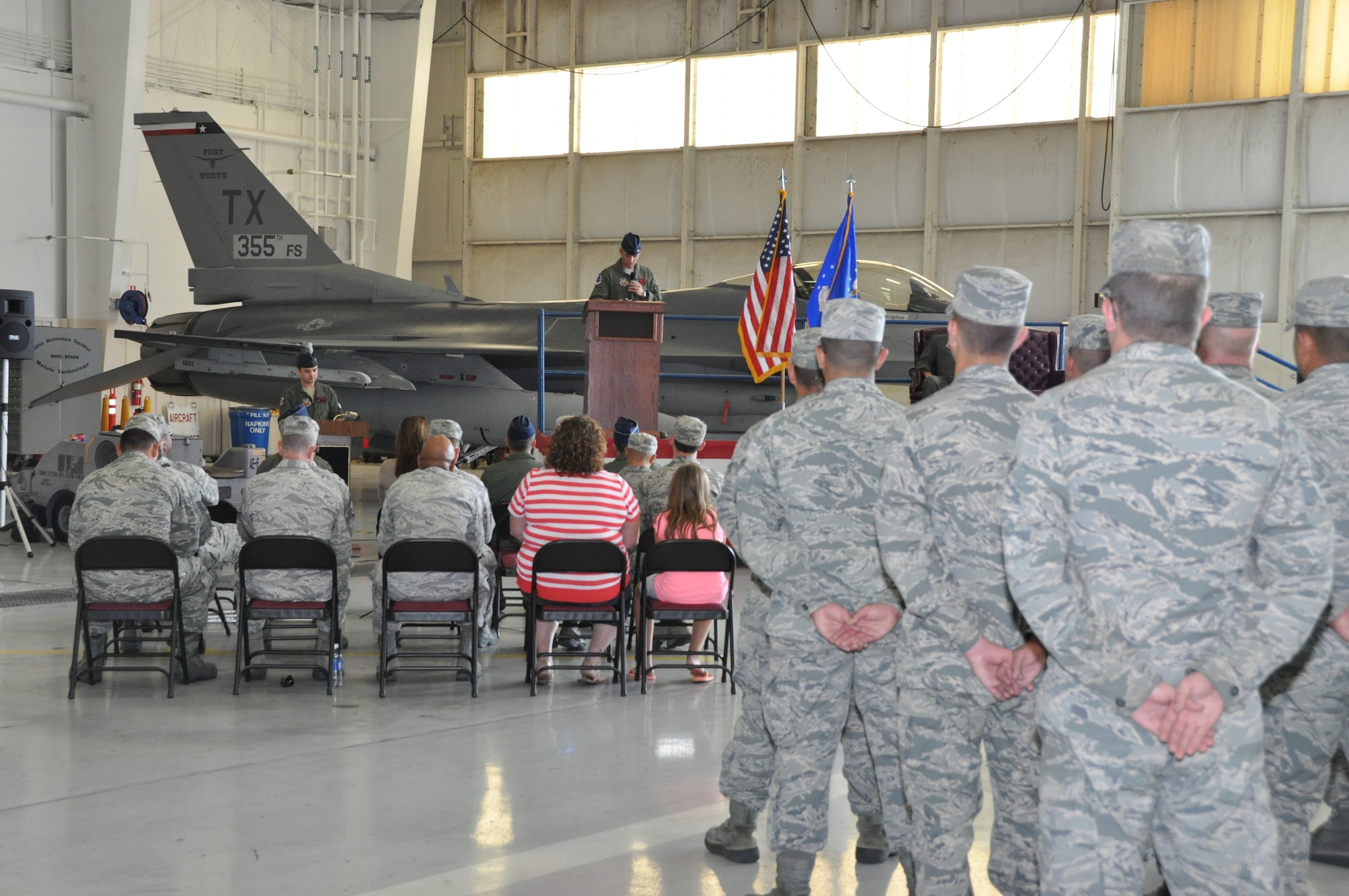 NAVAL AIR STATION FORT WORTH JOINT RESERVE BASE, Texas – Lt. Col. Jeffrey Cunningham, 355th Fighter Squadron commander, addresses the audience Oct. 5 gathered to witness the World War II fighter squadron re-designation ceremony here. The 355 FS, who flies the F-16 Fighting Falcon alongside the 301st Fighter Wing, is the first active associate fighter squadron within the Air Force Reserve. (U.S. Air Force photo by Ms. Julie Briden-Garcia)