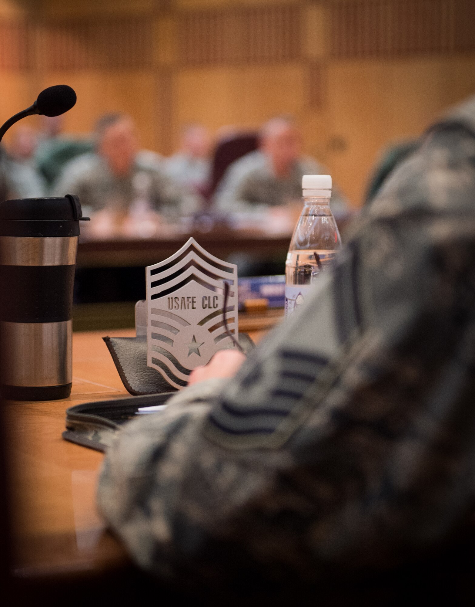Chief master sergeant selects listen to Chief Master Sgt. Kaleth Wright, 3rd Air Force command chief, during a leadership course at Ramstein Air Base, Germany, Jan. 28, 2016. The Chiefs' Leadership Course offers senior level mentoring to the attending chief selects, gaining invaluable command specific perspectives, mission awareness and objectives. (U.S. Air Force photo/ Tech. Sgt. Ryan Crane)