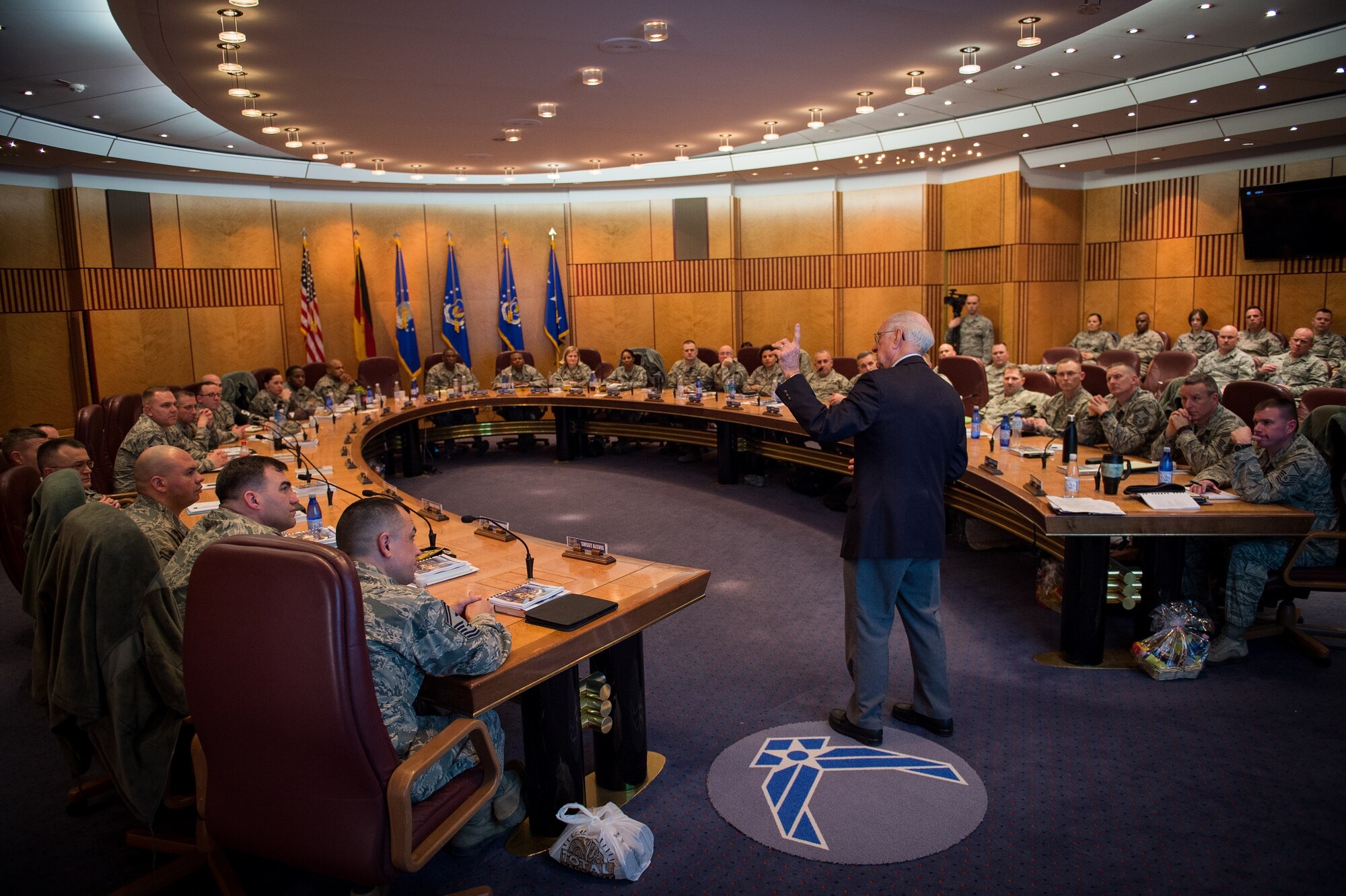 Retired Chief Master Sgt. of the Air Force Sam Parish speaks to a group of chief master sergeant selects during a leadership course at Ramstein Air Base, Germany, Jan. 26, 2016. The Chiefs' Leadership Course offers senior level mentoring to the attending chief selects, gaining invaluable command specific perspectives, mission awareness and objectives. (U.S. Air Force photo/ Tech. Sgt. Ryan Crane)