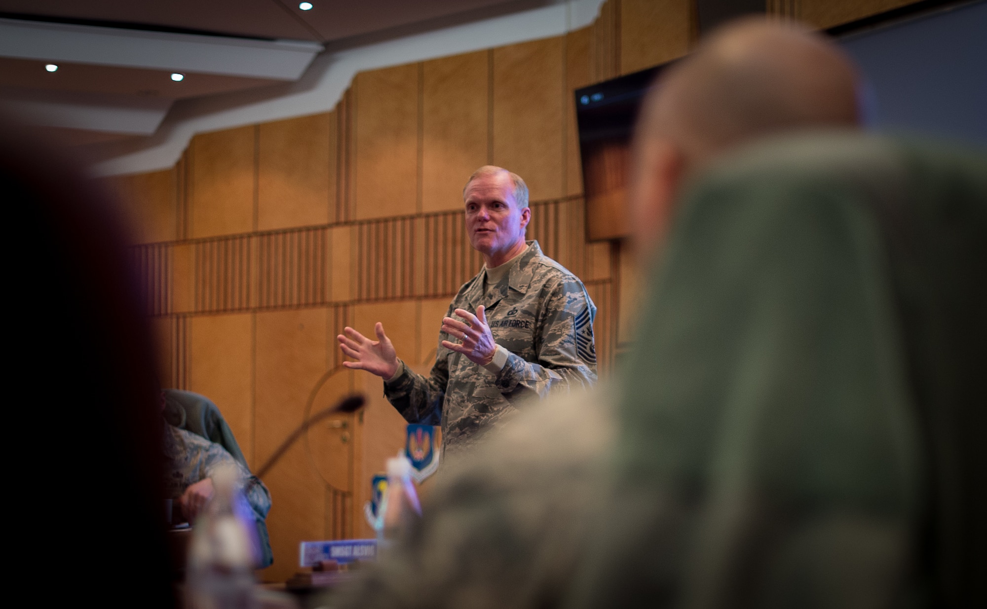 Chief Master Sgt. of the Air Force James A. Cody speaks to a group of chief master sergeant selects during a leadership course at Ramstein Air Base, Germany, Jan. 26, 2016. The Chiefs' Leadership Course offers senior level mentoring to the attending chief selects, gaining invaluable command specific perspectives, mission awareness and objectives. (U.S. Air Force photo/ Tech. Sgt. Ryan Crane)