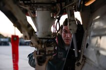 U.S. Air Force Airman 1st Class Samuel Short, a crew chief assigned to the 480th Expeditionary Fighter Squadron, inspects the front wheel assembly of an F-16 Fighter Falcon fighter aircraft during a flying training deployment on the flightline at Souda Bay, Greece, Jan. 27, 2016. Approximately 300 personnel and 18 F-16s from the 52nd Fighter Wing at Spangdahlem Air Base, Germany, will support flight during the FTD as part of U.S. Air Forces in Europe-Air Forces Africa's Forward Ready Now stance. (U.S. Air Force photo by Staff Sgt. Christopher Ruano/Released)
