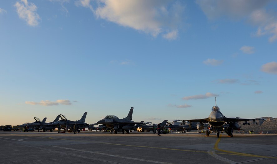 U.S. Air Force F-16 Fighting Falcon fighter aircraft assigned to the 480th Expeditionary Fighter Squadron remain parked on the flightline during a flying training deployment on the flightline at Souda Bay, Greece, Jan. 27, 2016. The U.S. routinely conducts training with partner and allies while improving interoperability. (U.S. Air Force photo by Staff Sgt. Christopher Ruano/Released)