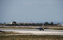 A U.S. Air Force F-16 Fighting Falcon fighter aircraft pilot assigned to the 480th Expeditionary Fighter Squadron, launches his jet during a flying training deployment on the runway at Souda Bay, Greece, Jan. 27, 2016.  The training included more than 15 aircraft launches a day as part of the training between the U.S. and Hellenic air forces. (U.S. Air Force photo by Staff Sgt. Christopher Ruano/Released)