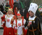 A “Dreigestirn” walks in a recent fasching parade through the streets of Wittlich. The three figures that make up a Dreigestirn on Karneval are the Carnival Prince, known as Sein Totallität or 'His Craziness', the Bauer, which is the peasant, and the Jungfrau or virgin. The Jungfrau is always a man. A Dreigestirn plays a rather important role during Fasching, proudly representing a city at events at home and elsewhere. (File photo by Iris Reiff)