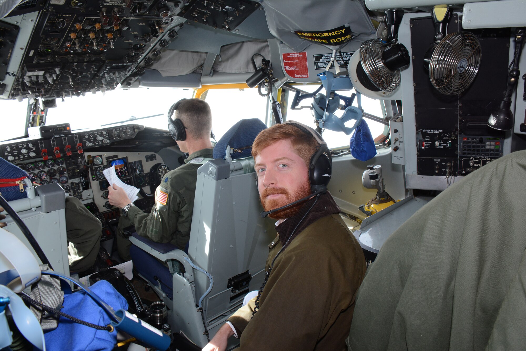 Benjamin Cantrell, legislative assistant with Arkansas Sen. Steve Womack’s office poses for a photo while observing an Air Force Reserve KC-135R Stratotanker crew conduct flight operations over the Texas skies. Twelve congressional staff members toured Air Force Reserve Command facilities at Tinker Air Force Base and flew on a training mission to increase their understanding of the capabilities of the Air Force.  (Air Force photo by Maj. Jon Quinlan/Released)