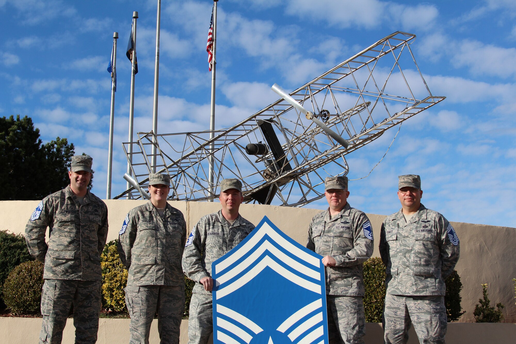 Professionalism, leadership and devotion to duty are the earmarks of a United States Air Force chief master sergeant. As of the recent promotions in December, Team Tinker’s newest chiefs are, from left, Senior Master Sgts. Nathan A. Caldwell, 752nd Operations Support Squadron; Wenesday S. Traylor, 552nd Maintenance Squadron; William T. Barber, 552nd MXS; Leslie A. Dye, 960th Airborne Air Control Squadron; and Vincen J. Ramos, 552nd Air Control Networks Squadron. (Courtesy photo/Released)