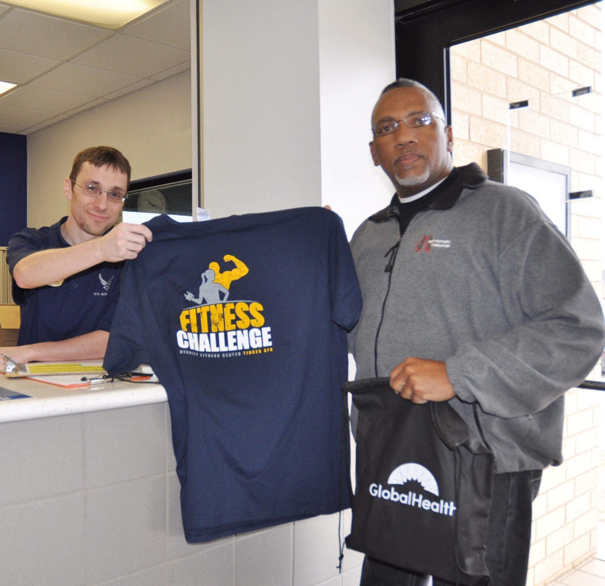 William Jones, right, hopes to improve his overall health during the Gerrity Fitness Center’s 12-week Get Fit challenge. With Mr. Jones is Peter Foree of the 72nd Force Support Squadron. (Air Force photo by Cynthia Wright/Released)

