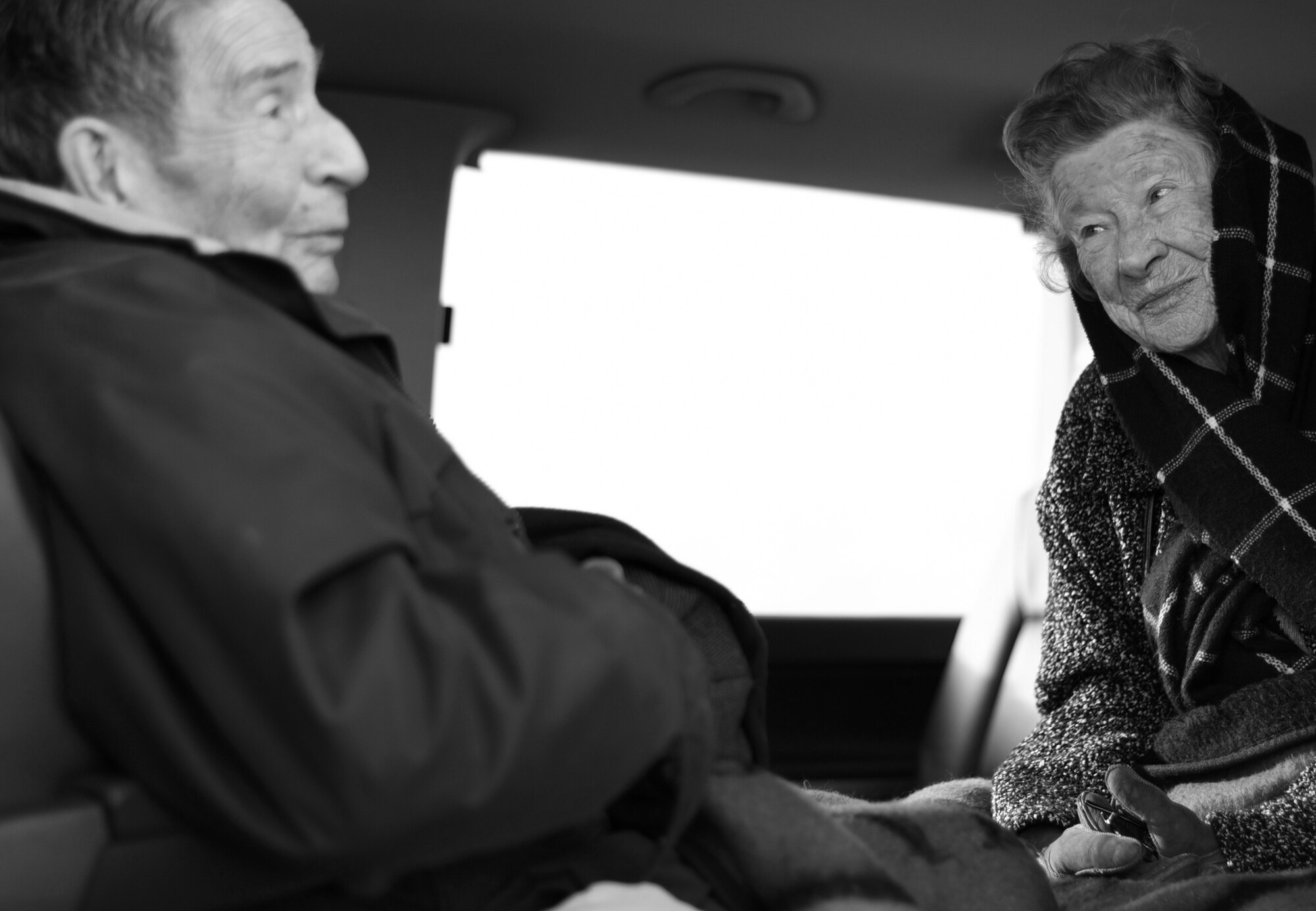 Roy Smith, a Royal Air Force Stirling bomber navigator during World War II, and his wife, Doris, visit RAF Lakenheath, England, Jan. 17, 2016. In 1943, Smith completed an RAF Navigation course and was assigned to the 199th Heavy Bomber Squadron here. (U.S. Air Force photo/Senior Airman Erin Trower)
