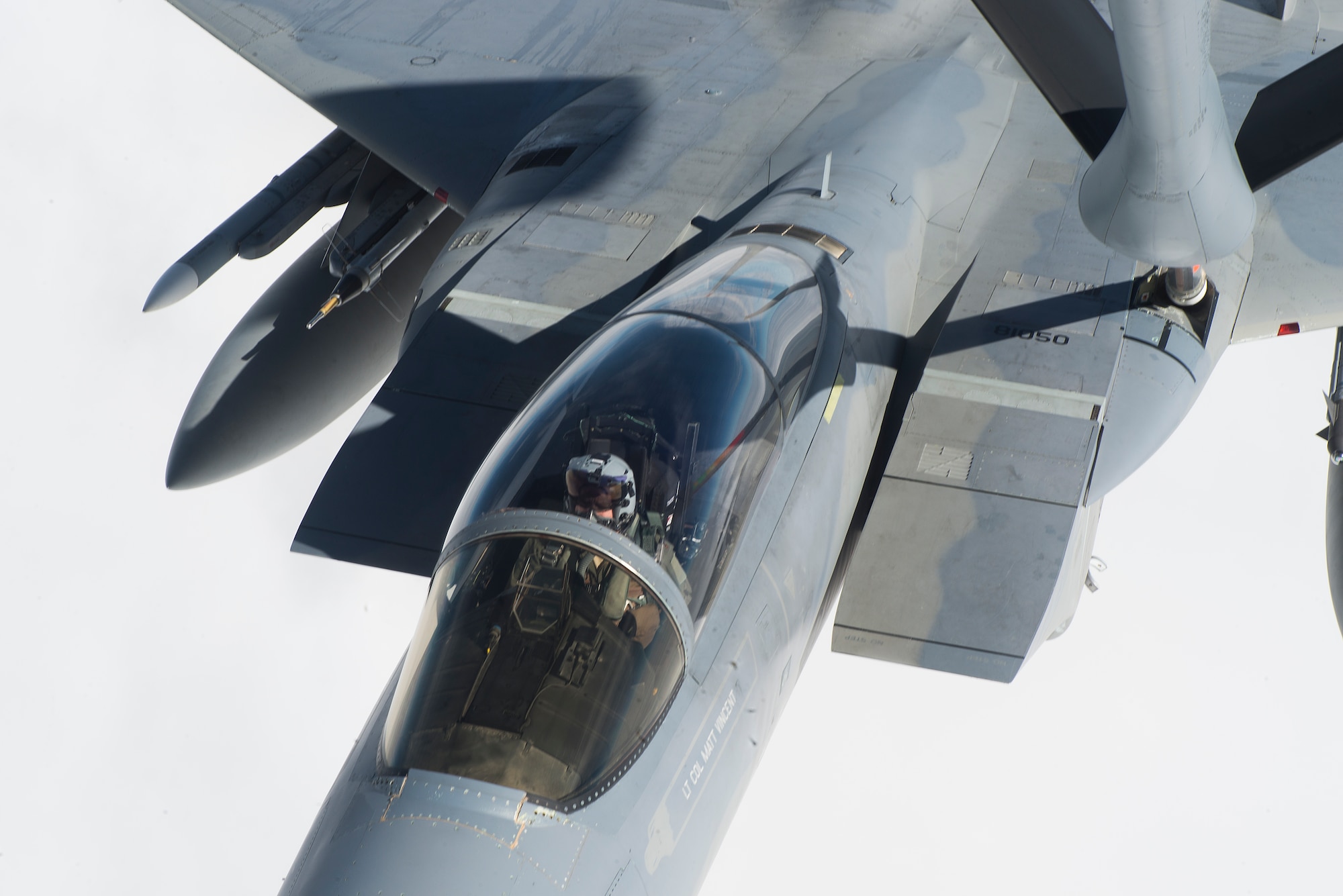 A U.S. Air Force F-15 Eagle stationed at Kadena Air Base, Japan, refuels from a KC-135 Stratotanker during Forceful Tiger Jan. 28, 2016, near Okinawa, Japan. Kadena boasts two squadrons of F-15s – the 44th and 67th Fighter Squadrons. Each squadron has claimed the coveted Raytheon Trophy as the best fighter squadron in the Air Force on multiple occasions since they were formed 75 years ago. (U.S. Air Force photo by Staff Sgt. Maeson L. Elleman)
