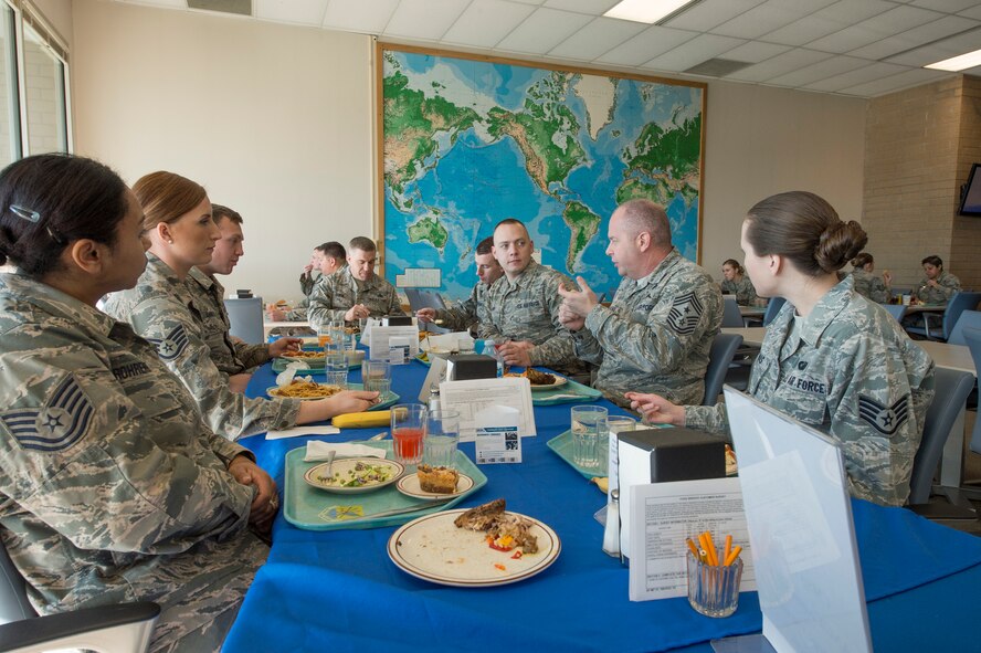 Command Chief Master Sergeant of the Air National Guard James W. Hotaling visited the 124th Fighter Wing at Gowen Field, Boise, Idaho, Jan. 9, 2016. Chief Master Sgt. James W. Hotaling took time during the visit to speak with 124th Fighter Wing’s junior enlisted Airmen over lunch at the base dining facility. (U.S. Air National Guard Photos by Tech. Sgt. Sarah Pokorney)