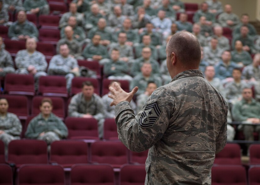 Command Chief Master Sergeant of the Air National Guard James W. Hotaling visits the 124th Fighter Wing at Gowen Field, Boise, Idaho, Jan. 9, 2016. Chief Master Sgt. James W. Hotaling took time during the visit to speak with 124th Fighter Wing’s junior enlisted Airmen during an enlisted all call. (U.S. Air National Guard Photos by Tech. Sgt. Sarah Pokorney)