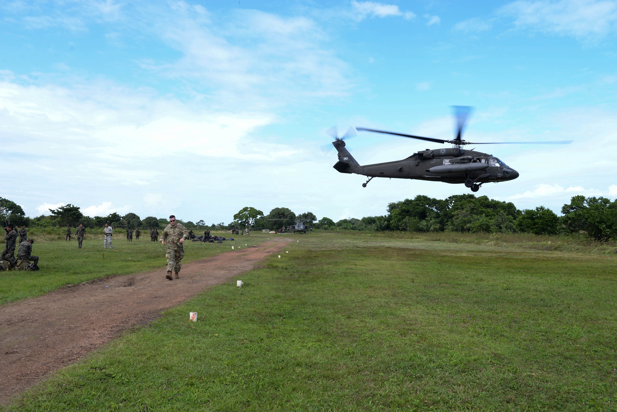 A U.S. Army UH-60 Blackhawk helicopter takes off after loading Honduran troops, in the Gracias a Dios Department (state), Honduras, Jan. 14, 2016. The troops rotate through various operating locations within the department to help counter drug trafficking with the support of the U.S. helicopters for part of the transportation required to reach the outlying locations. (U.S. Air Force photo by Senior Airman Westin Warburton/Released)