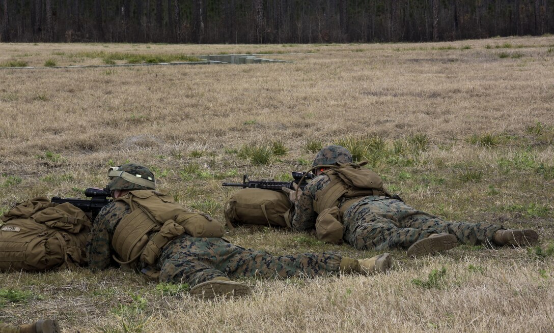 Marines with Fox Company, 2nd Battalion, 8th Marine Regiment, assault targets down range during a field exercise at Camp Lejeune, N.C., Jan. 28, 2016. Marines focused on individual marksmanship in preparation for a squad attack. (U.S. Marine Corps photo by Cpl. Paul S. Martinez/Released)