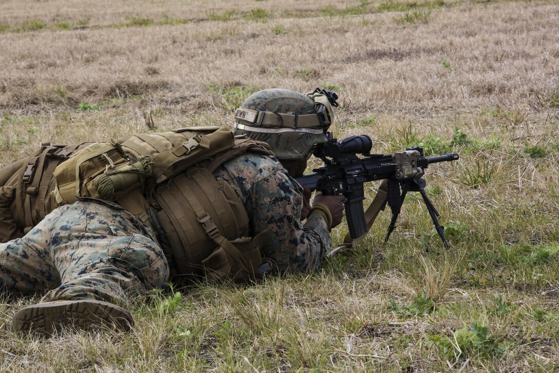 Lance Cpl. Curtis L. Brown, a rifleman with Fox Company, 2nd Battalion, 8th Marine Regiment, assaults targets down range during a field exercise at Camp Lejeune, N.C., Jan. 28, 2016. The company reinforced infantry fundamentals at all levels, beginning with fire team tactics before advancing to squad-level exercises. (U.S. Marine Corps photo by Cpl. Paul S. Martinez/Released)