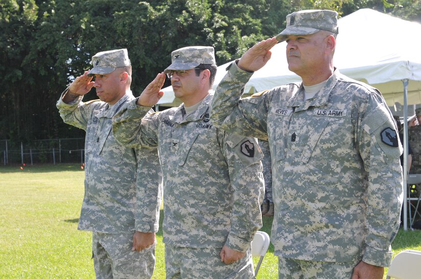 Command Sgt. Maj. Rene A. Berlingieri relinquishes responsibility to Command Sgt. Maj. Jose E. Nieves during the 166th Regional Support Group Change of Responsibility Ceremony, January 31 at the Maxi Williams Field, Fort Buchanan, Puerto Rico.
