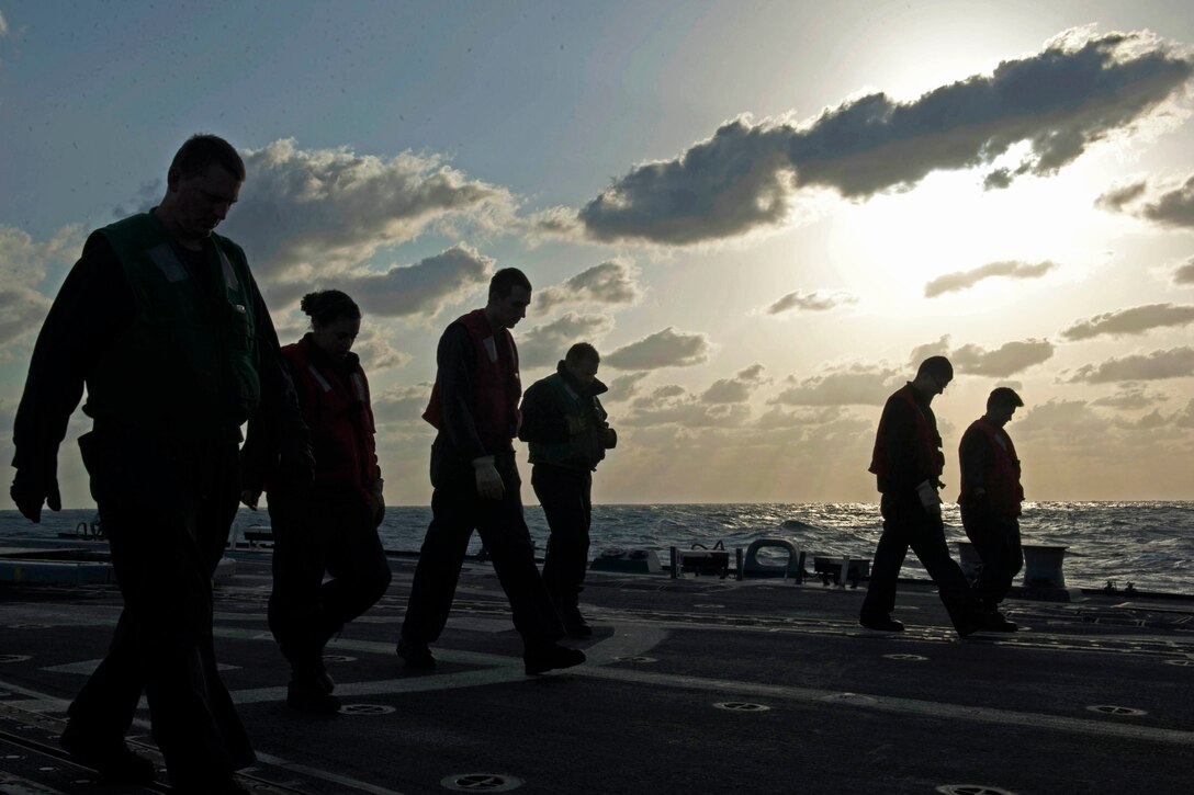 U.S. sailors perform a foreign object damage walk-down aboard the guided-missile destroyer USS Bulkeley in the Arabian Gulf, Jan. 28, 2016. The Bulkeley is deployed as part of the Harry S. Truman Carrier Strike Group in support of Operation Inherent Resolve in the U.S. 5th Fleet area of operations. Navy photo by Petty Officer 2nd Class Michael J. Lieberknecht