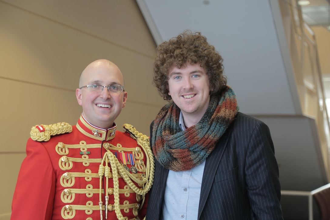 On Sunday, Jan. 31, 2016 Assistant Director 1st Lt. Ryan J. Nowlin led the Marine Band in a program titled "Childhood Dreams" at the Rachel M. Schlesinger Concert Hall at Northern Virginia Community College in Alexandria. Tom Davoren, the composer of the selection "Ascension," was on hand to enjoy the standing ovation his music elicited from the audience. (U.S. Marine Corps photo by Master Sgt. Kristin duBois/released)
