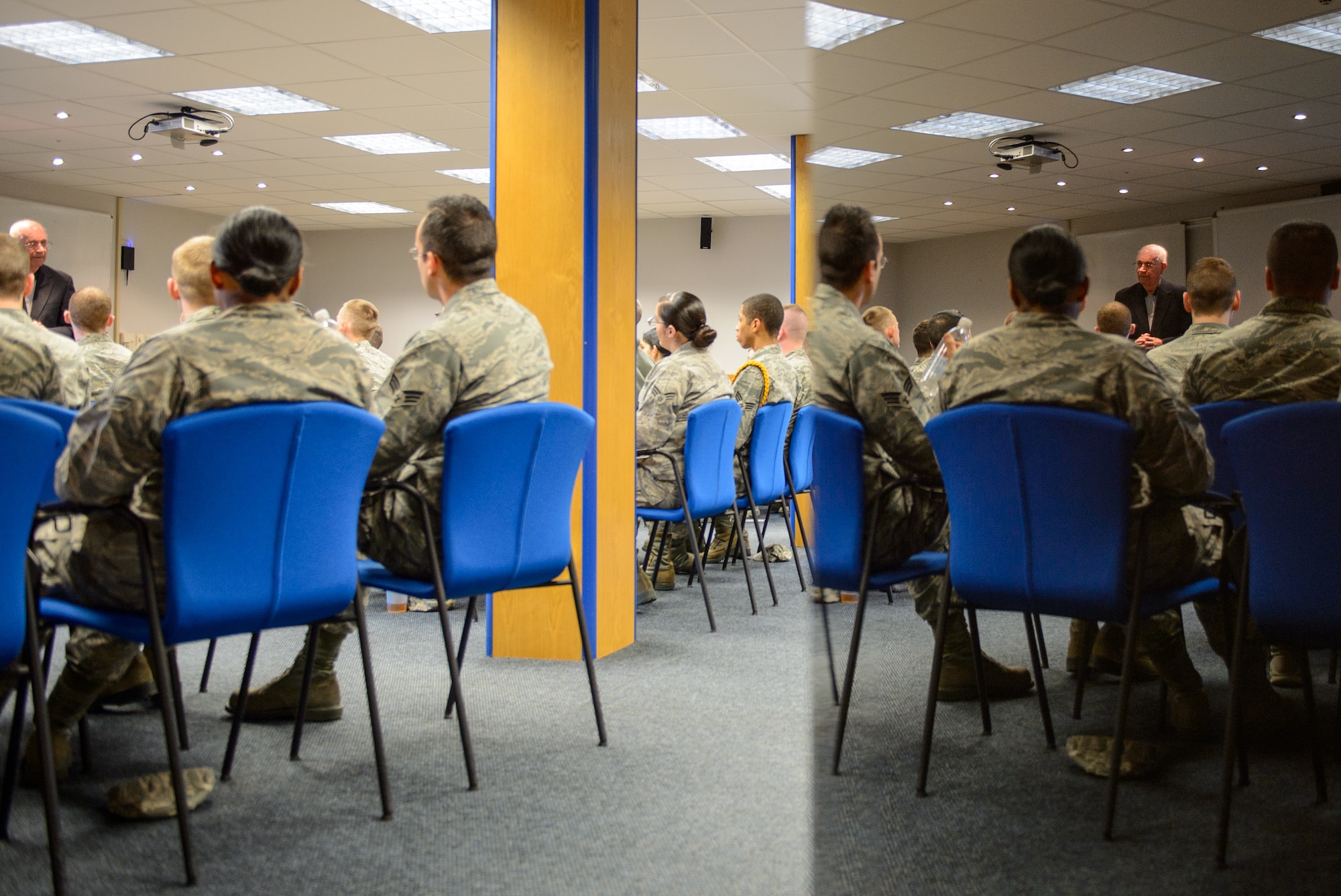 Senior Airmen from the Ramstein Airmen Leadership School listen to Sam E. Parish, retired Chief Master Sergeant of the Air Force, Jan 27, 2016, at Ramstein Air Base, Germany. Parish visited Ramstein and was the guest speaker at a variety of venues including the ALS and the chief induction ceremony. (U.S. Air Force photo/Staff Sgt. Armando A. Schwier-Morales)