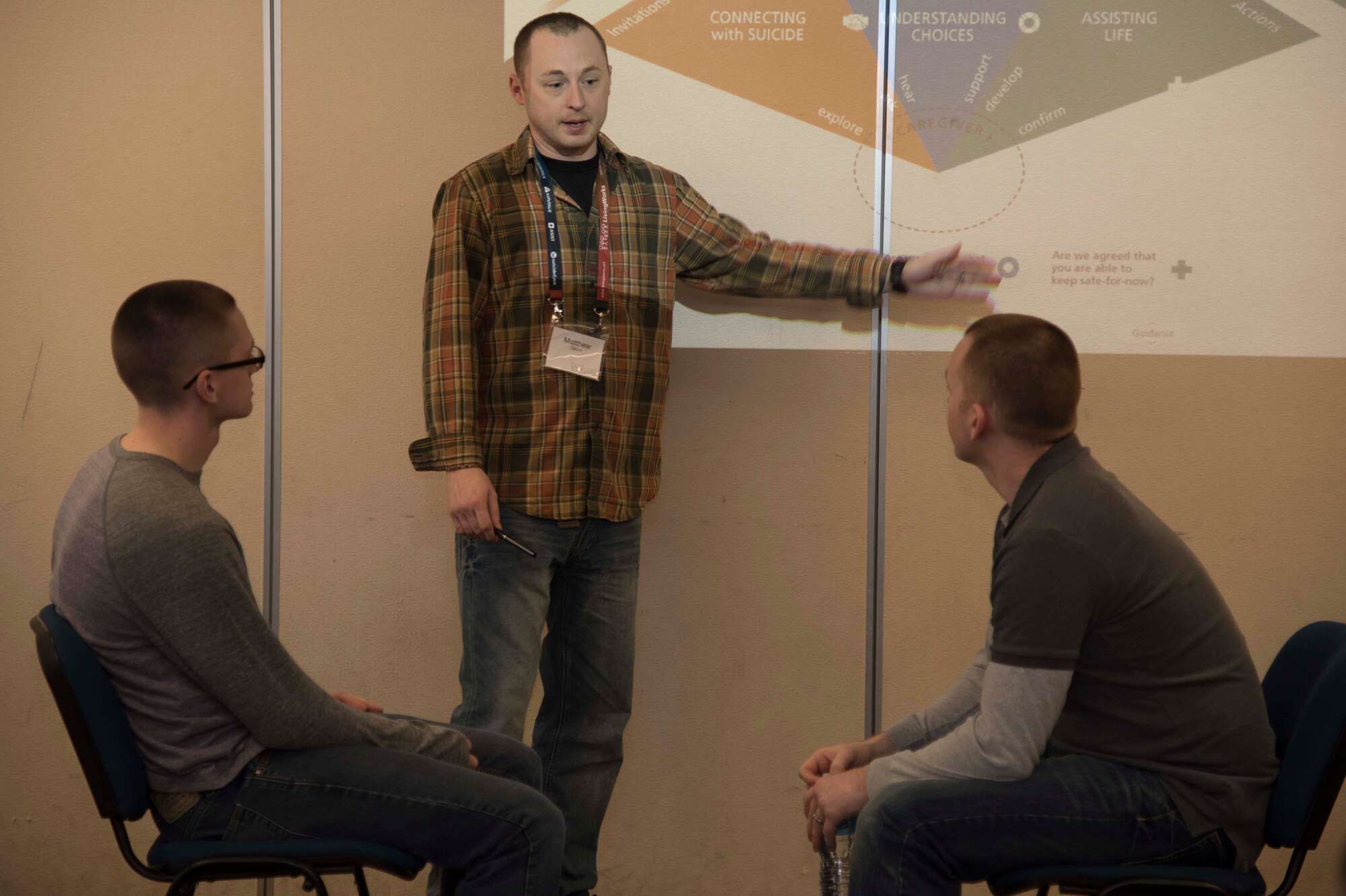 U.S. Air Force Staff Sgt. Matthew Tatum, NCO in charge of chapel resource management with the 35th Fighter Wing Staff Agencies and Applied Suicide Intervention Skills Training instructor, talks with participants of the ASIST course at Misawa Air Base, Japan, Jan. 29, 2016. This course is open to all Misawa AB military and family members. Tate hails from Russellville, Kentucky. U.S. Air Force photo by Airman 1st Class Jordyn Fetter)