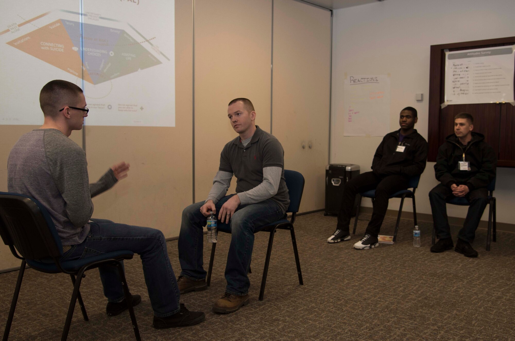 Applied Suicide Intervention Skills Training participants conduct an exercise at Misawa Air Base, Japan, Jan. 29, 2016. Class members pulled from personal experiences with suicide risk to develop scenarios. Each participant played the person showing possible suicide behavior and the other partaker talks them out of harms way. (U.S. Air Force photo by Airman 1st Class Jordyn Fetter)
