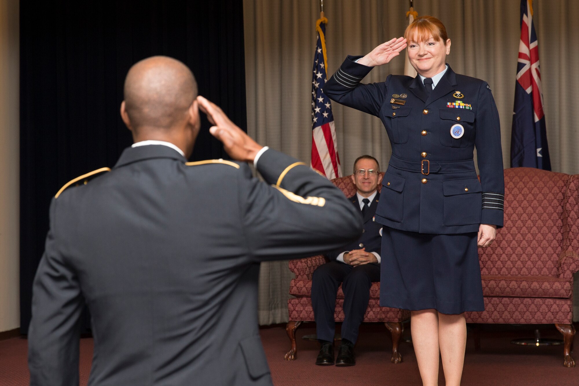 Royal Australian Air Force Group Captain Barbara Courtney, United Nations Command (Rear) commander, renders her final salute as commander during the UNC (Rear) change of command ceremony at Yokota Air Base, Japan, Jan. 26, 2016. The UNC (Rear) has historically been commanded by a U.S. Army Colonel however since 2010 the command has been filled by an Australian Air Force officer with this change of command assigning the fourth successive Australian commander. (U.S. Air Force photo by Osakabe Yasuo/Released)