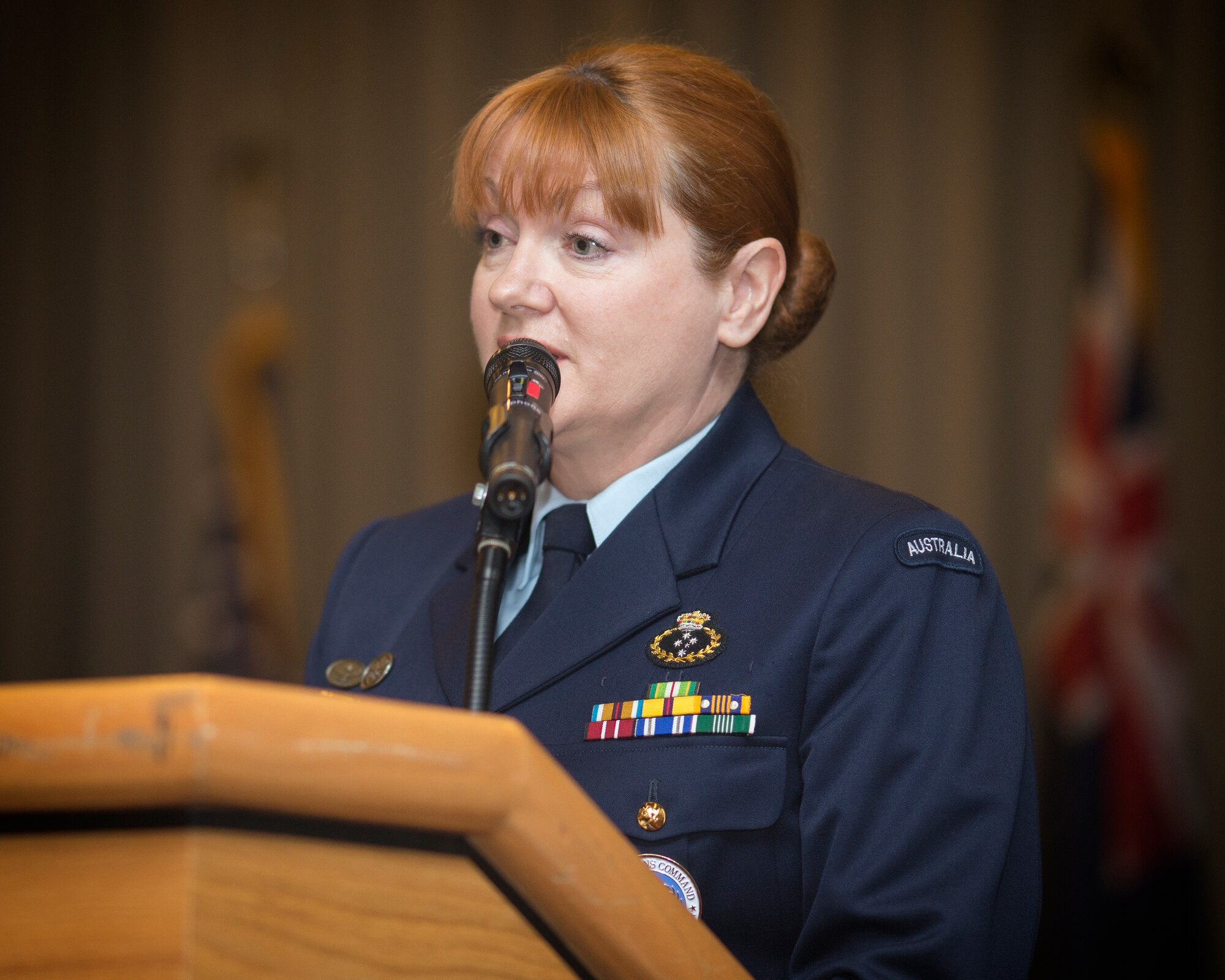 Royal Australian Air Force Group Captain Barbara Courtney, United Nations Command (Rear) commander, gives her final speech as commander during the UNC (Rear) change of command ceremony at Yokota Air Base, Japan, Jan. 26, 2016. As the United Nations Command’s principal representative in Japan, the UNC-R maintains the status of forces agreement regarding United Nations Forces in Japan during armistice conditions. (U.S. Air Force photo by Osakabe Yasuo/Released)