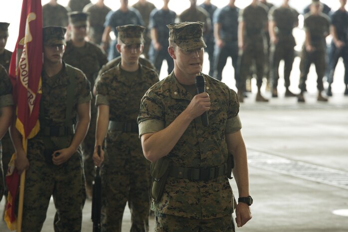 U.S. Marine Corps Lt. Col. Kevin A. Campbell, incoming Headquarters and Headquarters Squadron commanding officer, addresses the audience during a change of command ceremony at Marine Corps Air Station Iwakuni, Japan, June 30, 2016. Campbell is assuming command of H&HS after serving as the future operations officer for 2nd Marine Regiment at Camp Lejeune, North Carolina, and as Marine aviation training systems site officer in charge for 3rd Marine Air Wing at Marine Corps Air Station Miramar, California, where his duties included being a chief standardization evaluator and F/A-18 tactics instructor. (U.S. Marine Corps photo by Lance Cpl. Donato Maffin/Released)