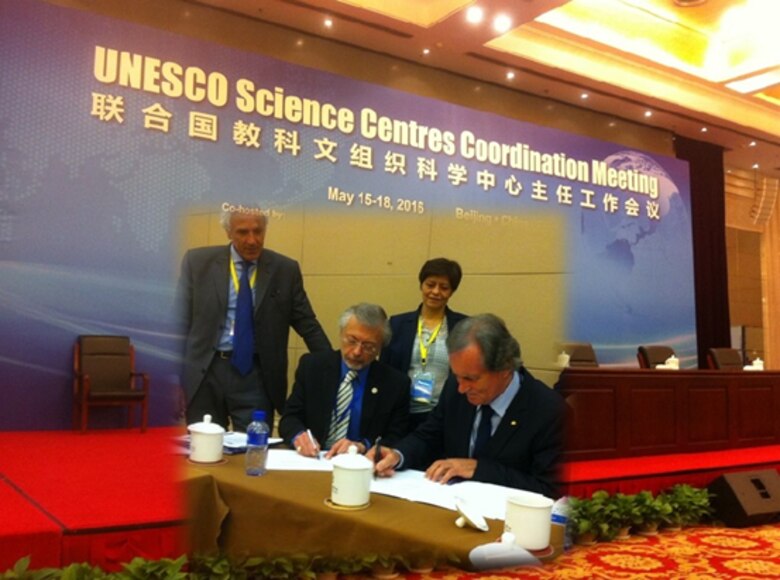Professor Maciej Zalewski (seated, right), Director, ERCE, Polish Academy of Sciences (Poland), and Robert Pietrowsky (seated, left), Director, USACE IWR & ICIWaRM, under the auspices of UNESCO (USA), signing a MOU in Beijing China on 17 May 2016, with Dr. Blanca Jimenez-Cisneros,  Director, UNESCO Division of Water Sciences and Secretary, International Hydrological Programme (standing, right) and Giuseppe Arduino, Chief, Ecohydrology, Water Quality & Water Education Section, IHP Secretariat (standing, left).