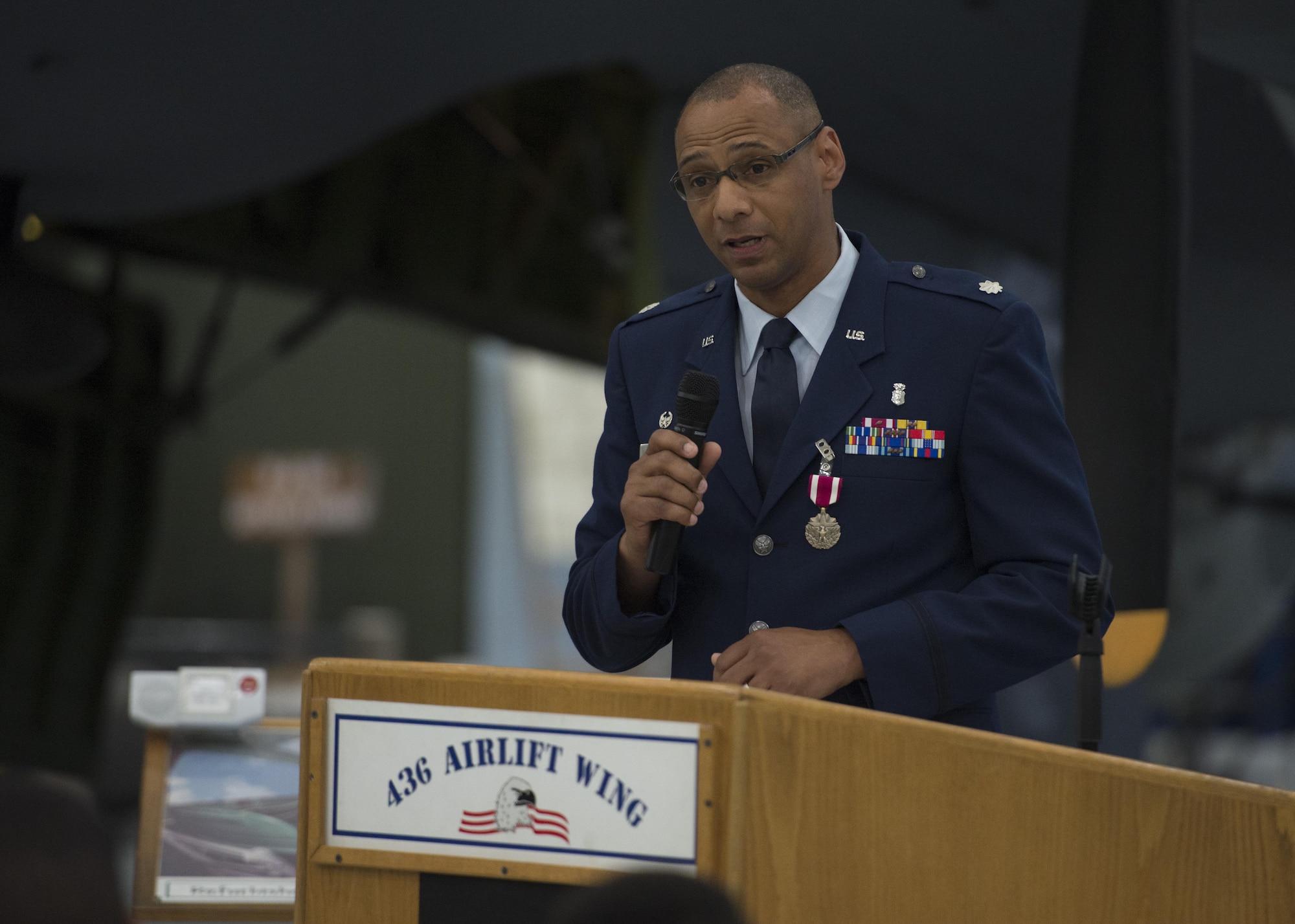 Lt. Col. Eric Baugh, 436th Dental Squadron out-going commander, addresses his squadron and an audience during the 436th Dental Squadron Inactivation Ceremony on June 28, 2016, at the Air Mobility Command Museum on Dover Air Force Base, Del. Baugh has commanded the 436th DS since July 2014. (U.S. Air Force photo/Senior Airman Zachary Cacicia)