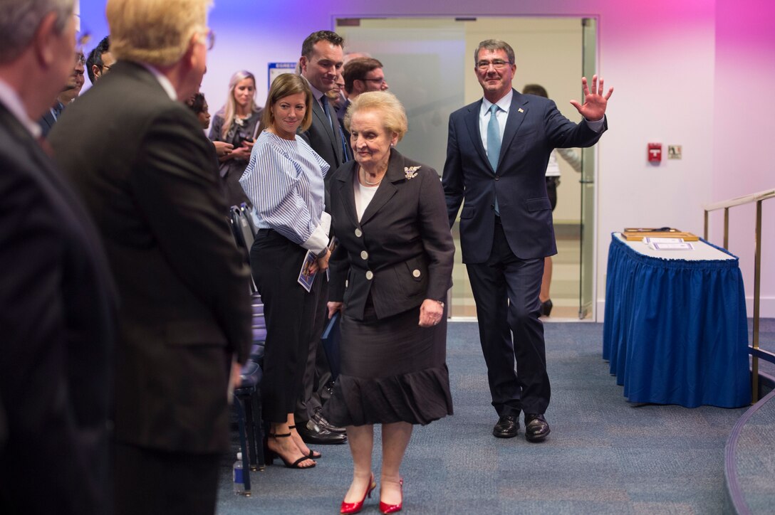 Defense Secretary Ash Carter and Madeleine Albright arrive at the Hall of Heroes at the Pentagon where Albright will be presented with the Department of Defense Medal for Distinguished Public Service during a ceremony at the Pentagon in Washington, D.C., June 30, 2016. DoD photo by Air Force Senior Master Sgt. Adrian Cadiz
