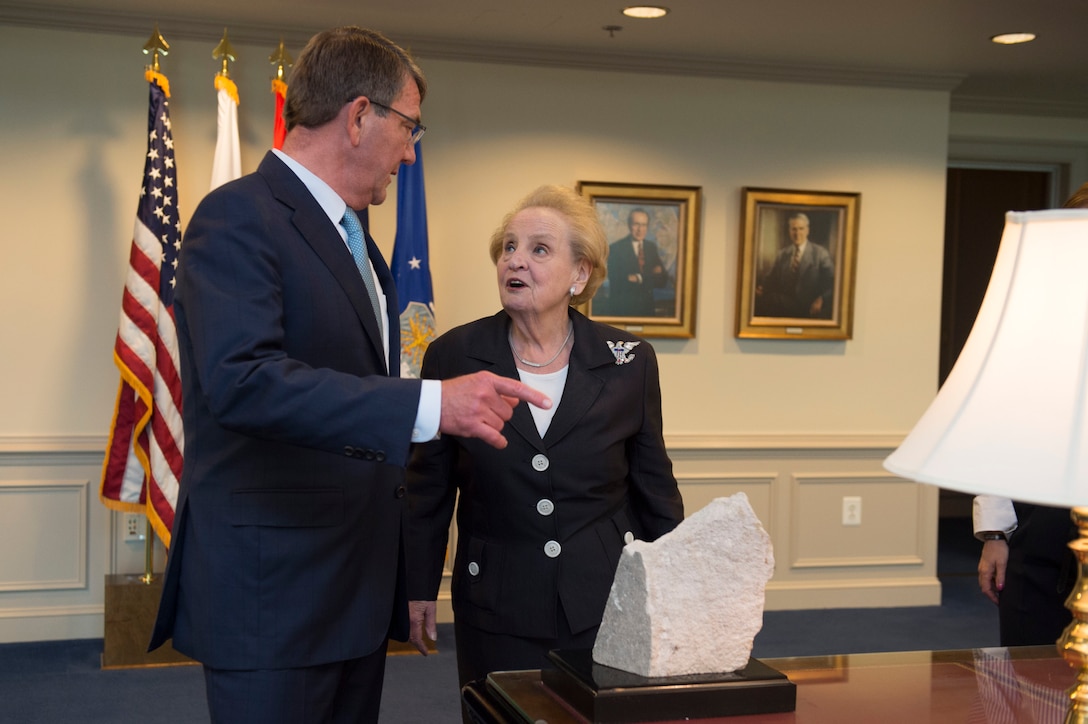 Defense Secretary Ash Carter gives Madeleine Albright a tour of his office before presenting her with the Department of Defense Medal for Distinguished Public Service during a ceremony at the Pentagon, June 30, 2016. DoD photo by Air Force Senior Master Sgt. Adrian Cadiz