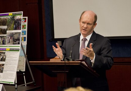 U.S. Sen. Christopher Coons (D-Del.) speaks at the National Guard Bureau's State Partnership Program informational event held June 16, 2016, at the U.S. Capitol.