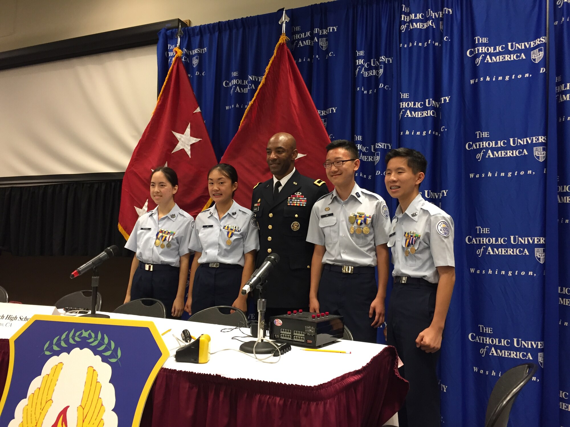 A team of Air Force Junior ROTC cadets from Scripps Ranch High School placed first in the 2016 JROTC Joint Service Academic Bowl Championship, held in Washington, D.C., June 25-27. Pictured are Cadet Gracie Richards, Cadet Michelle He, Army Brig. Gen. Sean Gainey, deputy commanding general, U.S. Army Cadet Command, Cadet Joonhyuk Lee and Cadet Jackwin Hui. (Courtesy photo)