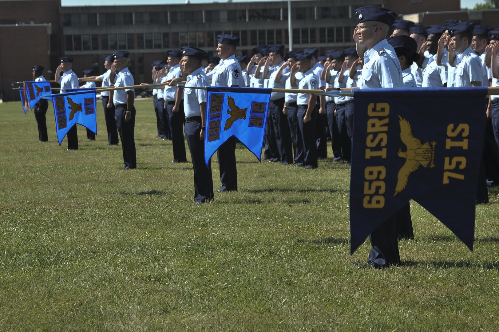 Squadrons that comprise the 659th Intelligence, Surveillance and Reconnaissance Group present their Flag during the 659th ISRG change of command ceremony June 29, 2016 at Fort George G. Meade, Md. The 659th ISRG conducts global integrated cyber ISR operations with Air Force, Joint, and Intelligence Community partners to detect, characterize, and mitigate cyber threats, exploit computer networks and enable full-spectrum cyberspace operations. (U.S. Air Force photo/Staff Sgt. Alexandre Montes)  