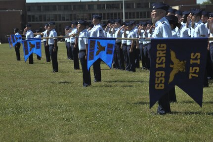 Squadrons that comprise the 659th Intelligence, Surveillance and Reconnaissance Group present their Flag during the 659th ISRG change of command ceremony June 29, 2016 at Fort George G. Meade, Md. The 659th ISRG conducts global integrated cyber ISR operations with Air Force, Joint, and Intelligence Community partners to detect, characterize, and mitigate cyber threats, exploit computer networks and enable full-spectrum cyberspace operations. (U.S. Air Force photo/Staff Sgt. Alexandre Montes)  