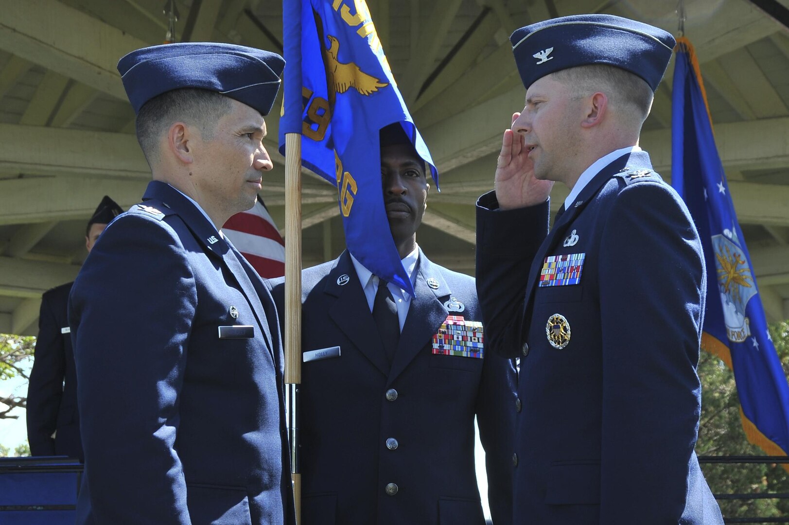 Col. Thomas Hensley, 70th Intelligence, Surveillance and Reconnaissance Wing commander, receives a relinquishing command salute from Col. Parker Wright, during the 659th Intelligence, Surveillance and Reconnaissance Group change of command ceremony June 29, 2016, at Fort George G. Meade, Md. A change of command ceremony is a tradition that represents a formal transfer of authority and responsibility from the outgoing commander to the incoming commander. (U.S. Air Force photo/Staff Sgt. Alexandre Montes)  