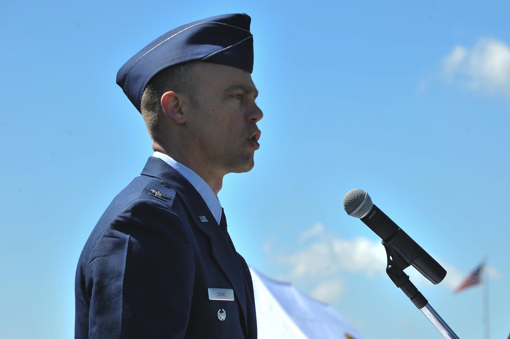 Col. Aaron Drake, 659th Intelligence, Surveillance and Reconnaissance Group commander, give his welcoming remarks during the 659th ISRG change of command ceremony June 29, 2016, at Fort George G. Meade, Md. The 659th ISRG conducts global integrated cyber ISR operations with Air Force, Joint, and Intelligence Community partners to detect, characterize, and mitigate cyber threats, exploit computer networks and enable full-spectrum cyberspace operations. (U.S. Air Force photo/Staff Sgt. Alexandre Montes)  