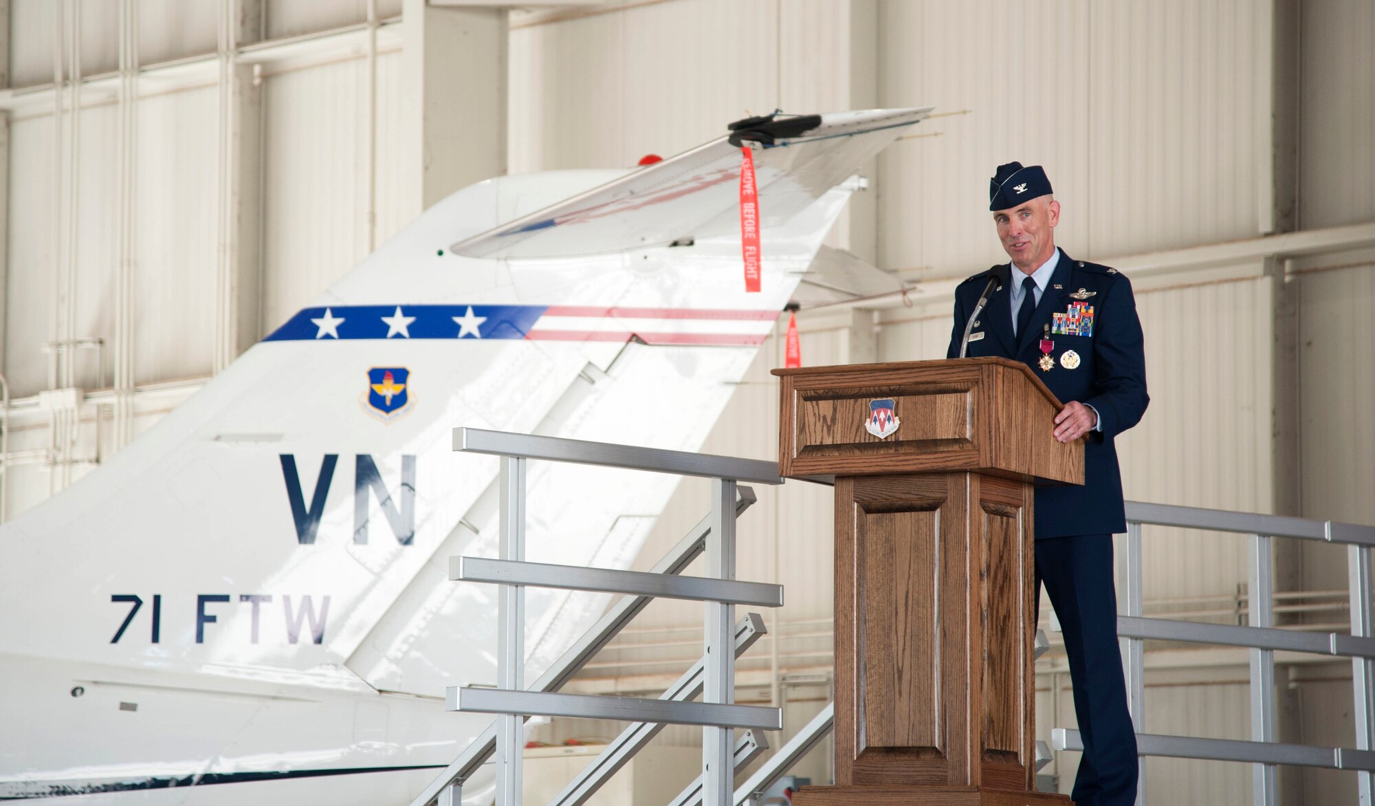 Col. Clark Quinn addresses the men and women of the 71st Flying Training Wing at Vance Air Force Base, Oklahoma, during a change of command ceremony June 28. Quinn relinquished command to Col. Darrell Judy. (U.S. Air Force photo/ Staff Sgt. Nancy Falcon)