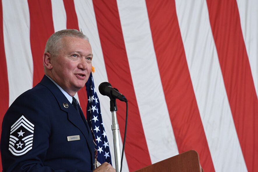 Chief Master Sgt. Kevin Warbrick, command chief, 514th Air Mobility Wing, says goodbye after 33 years of military service during his retirement ceremony held Sunday at Joint Base McGuire. Dix-Lakehurst, New Jersey.