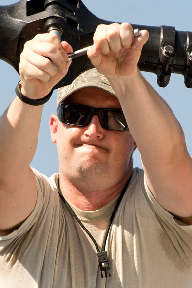 U.S. Air Force Master Sgt. Matthew Tabor, 314th Aircraft Maintenance Group quality assurance superintendent, tightens a rotor assembly nut on a Piasecki H-21 Workhorse helicopter at Little Rock Air Force Base, Ark., June 25, 2016. Airmen from the 314th and 19th Airlift Wings worked together to prepare and secure the Korean War era helicopter in Heritage Park, where it will remain on display for visitors to Little Rock AFB. On Aug. 24, 1954, an H-21C known as “Amblin' Annie,” with the assistance of inflight refueling, became the first helicopter to cross the United States nonstop. A dedication ceremony is scheduled for July 14 at 9 a.m. (U.S. Air Force photo by Master Sgt. Jeff Walston)   