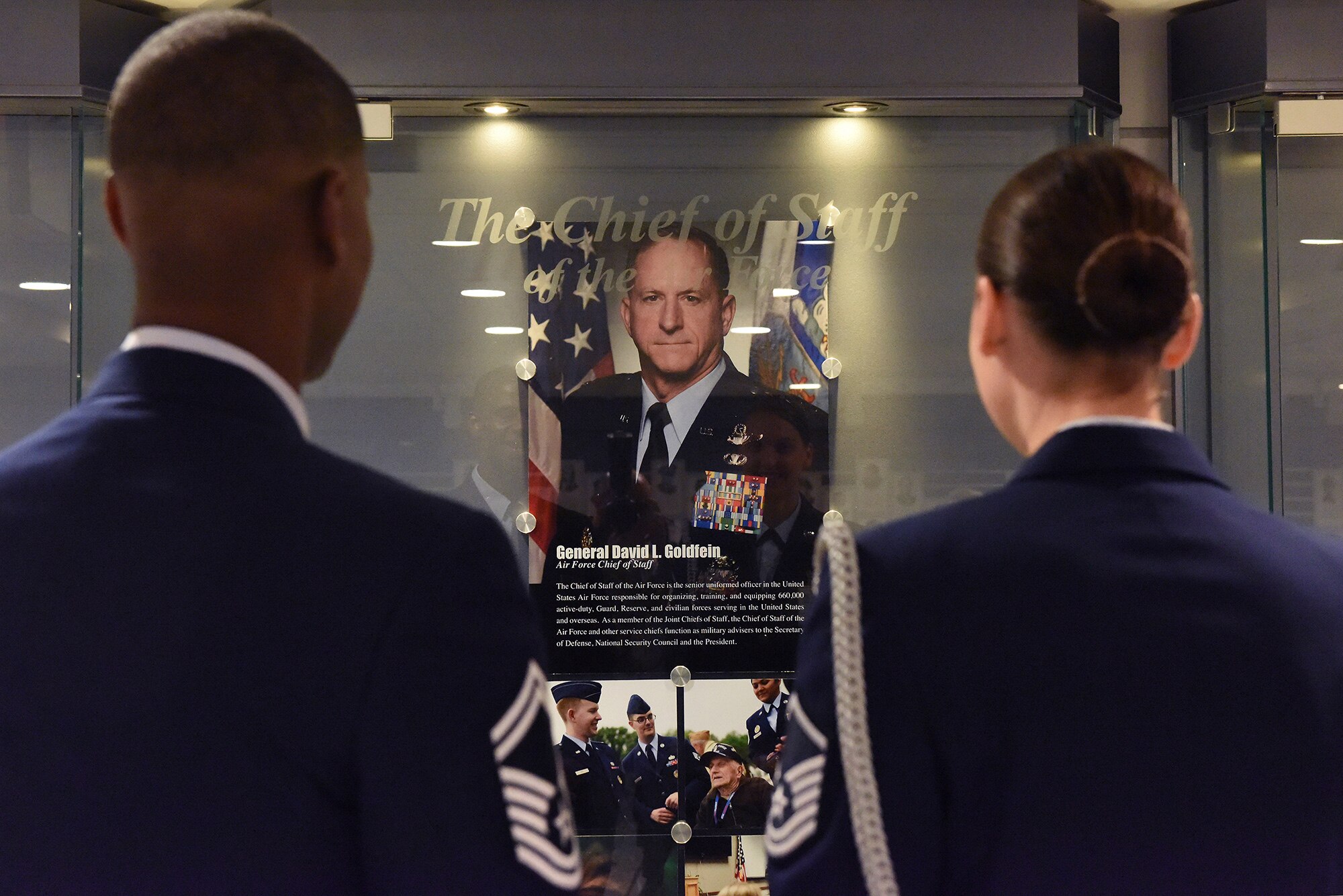 Air Force Chief of Staff Gen. David L. Goldfein's photo and biography are now on display in the "Airmen's Hall" after he was sworn into office by Air Force Secretary Deborah Lee James during a ceremony at the Pentagon in Washington, D.C., June 1, 2016. Goldfein became the 21st chief of staff of the Air Force. (U.S. Air Force photo/Tech Sgt. Dan DeCook)