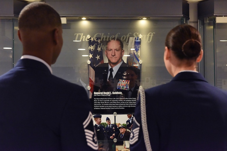 Air Force Chief of Staff Gen. David L. Goldfein's photo and biography are now on display in the "Airmen's Hall" after he was sworn into office by Air Force Secretary Deborah Lee James during a ceremony at the Pentagon in Washington, D.C., June 1, 2016. Goldfein became the 21st chief of staff of the Air Force. (U.S. Air Force photo/Tech Sgt. Dan DeCook)