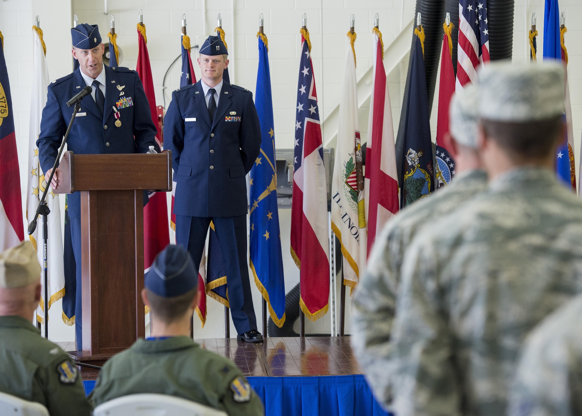 Lt. Col. Bradley Turner, outgoing 33rd Operations Support Squadron commander, thanks 33rd OSS Airmen for their hard work during the 33rd OSS change of command ceremony June 24, 2016, at Eglin Air Force Base, Fla. The 33rd OSS oversees F-35 weapons and tactics training and aircrew flight equipment training at Eglin AFB as well as the training syllabus and operational intelligence training for both AFSOC and the F-35 program at Eglin AFB. (U.S. Air Force photo by Senior Airman Stormy Archer/Released)
